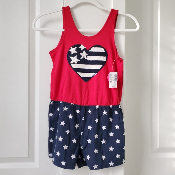 THE CHILDREN’S PLACE Red White Blue Sequined Flag Short Jumpsuit Girls 7/8 M - Picture 3 of 9